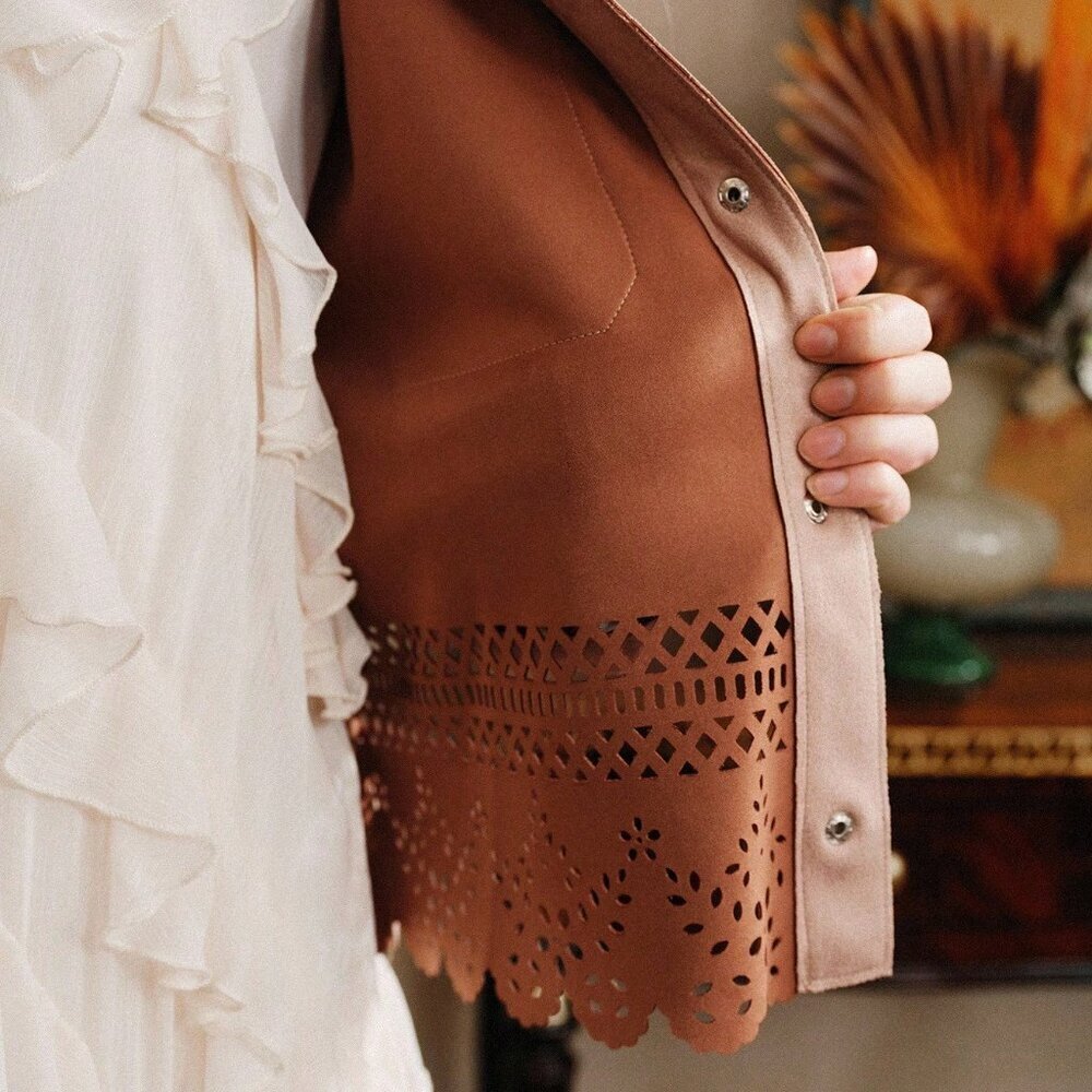 Boho Women's Casual cut off design button down Suede-like Jacket - Picture 8 of 8